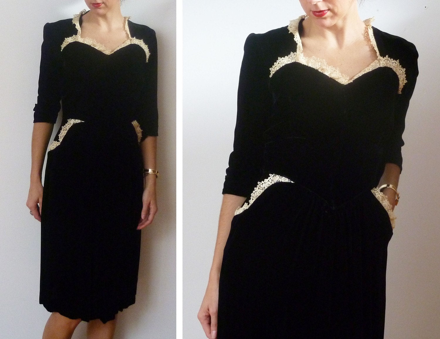 Vintage 30s EBONY and IVORY Silk Velvet Dress
