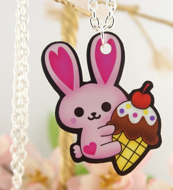 SALE Kawaii Bunny Holding Ice Cream Cone Printed Acrylic Pendant