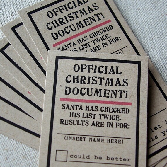 10 Adhesive Official Christmas Document Tags on Recycled Kraft Paper