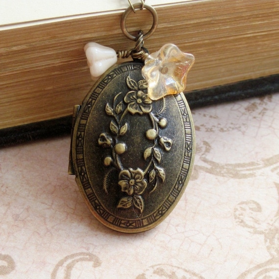 Necklace. Locket, Bird, Flowers, Victorian, Long, Antique Brass, Pearls, Engraved. Woodland Rose.