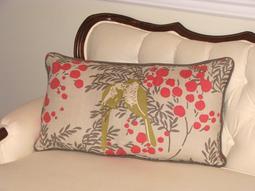 Lumbar Pillow With Designer Romo Fabric Coral, Gray and Green
