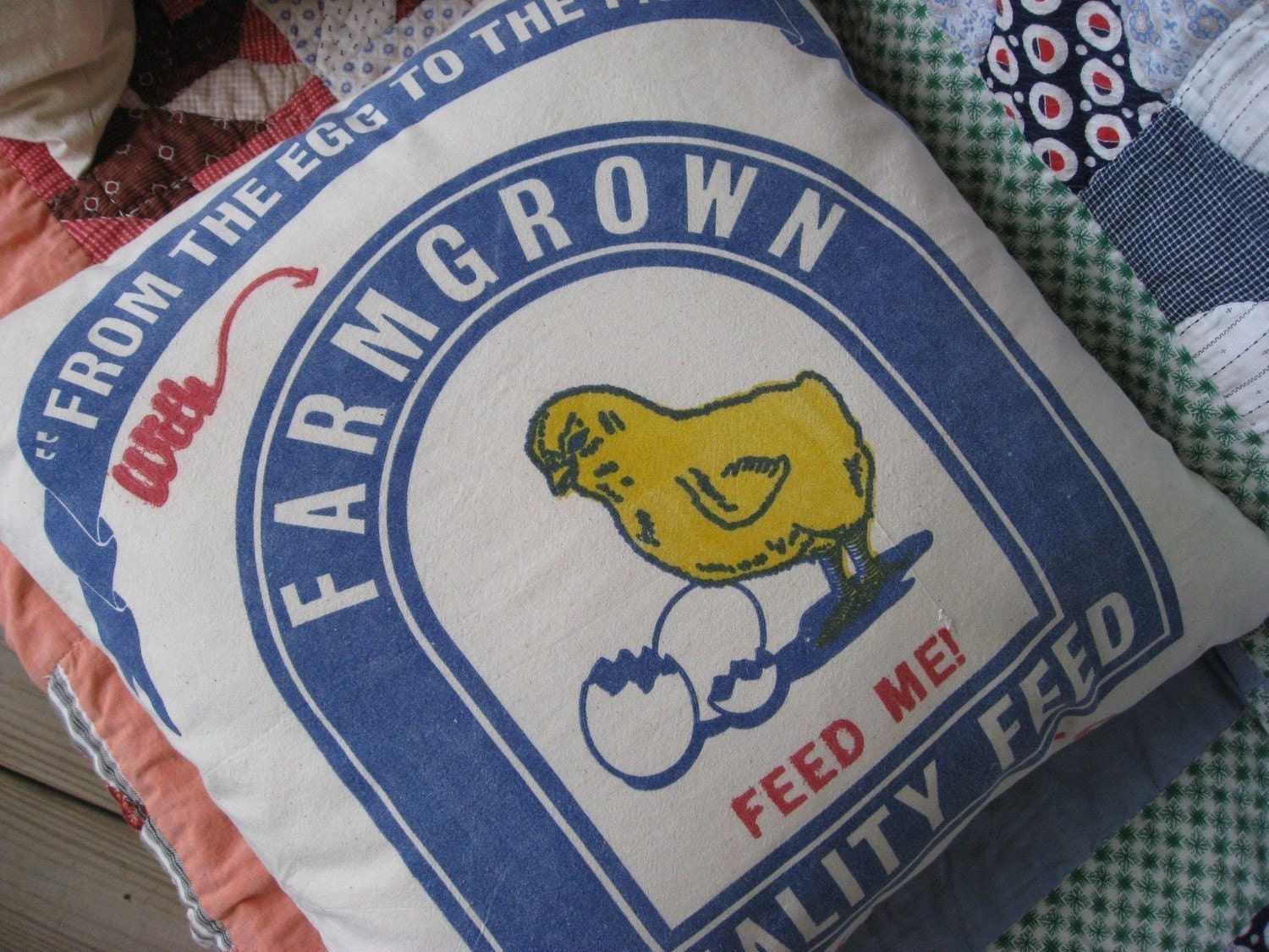 ON SALE - Chicken Feed Pillow  - Feed Me with Farm Grown Quality Food - Cute Yellow Chick - Grain Sack Pillow