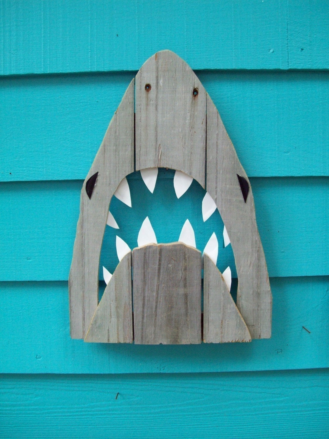 Shark made of recycled fence wood. JAWS, Great White, outdoor art