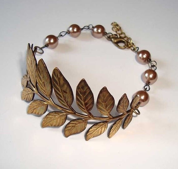 Branch and Leaves Antique Bronze Brass Bracelet with Bronze Pearls