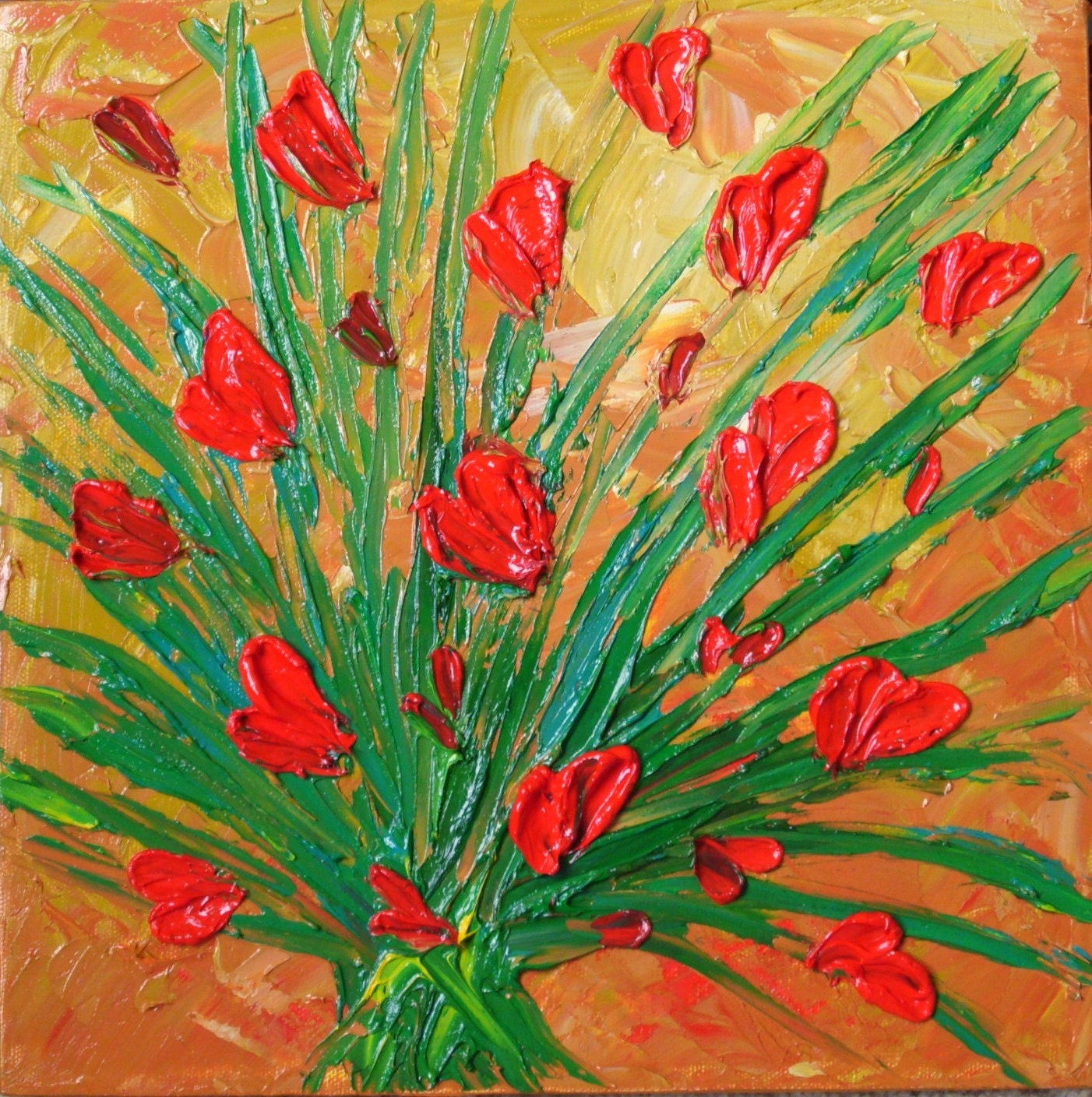 Weekend 25% Off Sale Original Impasto Textured Oil Painting on Canvas 12x12 Red Tulips