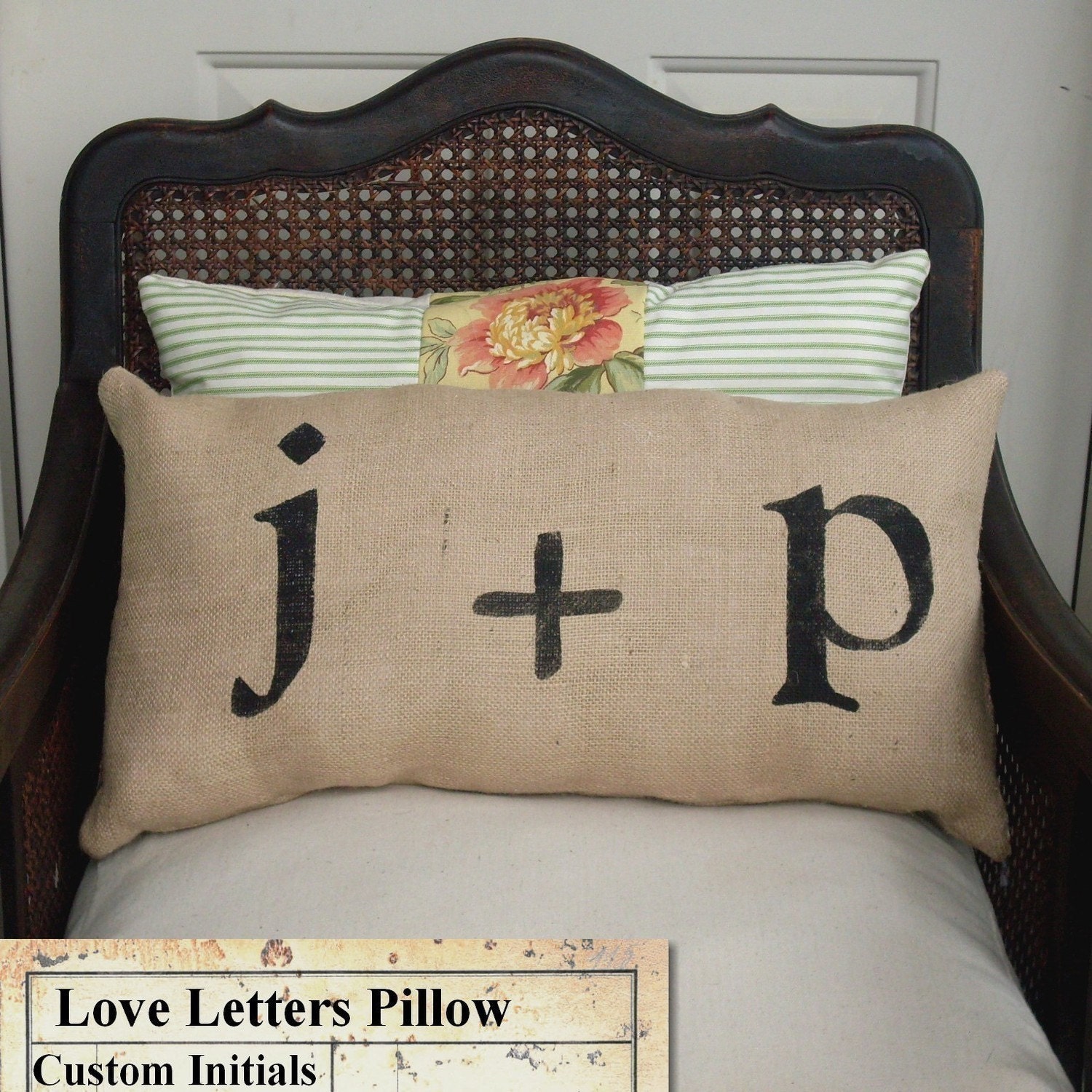 Love Letters - Burlap Feed Sack Pillow - Personalize with you and your sweetie's initial