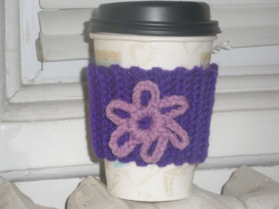 Handmade Crocheted Cup sleeve in Dark Purple with Light purple flower
