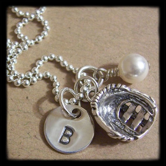 Softball/Baseball Glove Charm, Initial Disc and Pearl/Birthstone Sterling Silver CONVERSATION Necklace - Hand Stamped