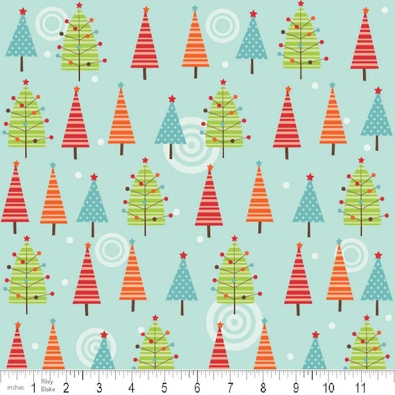 LAST ONE Colorful Christmas Fabric by Mind's Eye for Riley Blake, Trees in Blue- 1 Yard