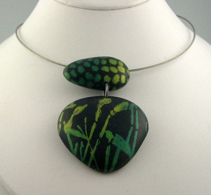 Polymer Clay Necklace, Painterly, Black, Greens