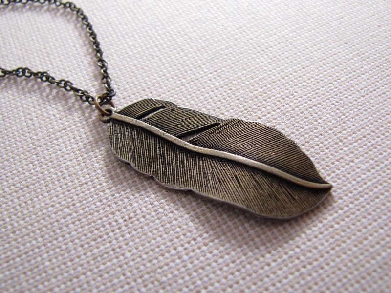 Antiqued Brass Feather Necklace