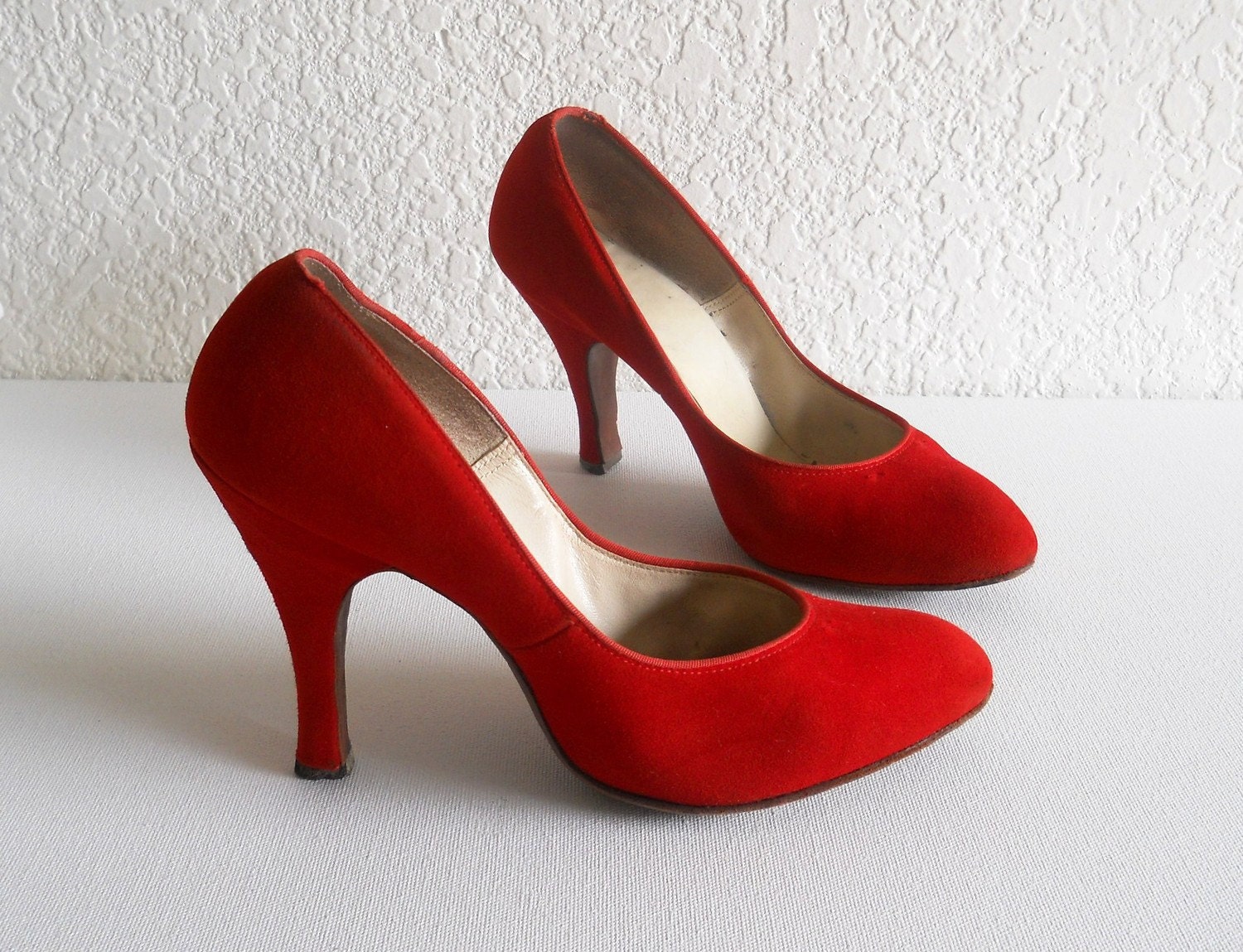 Vintage Heels, QualiCraft Stilettos, Red Suede - Size 5.5