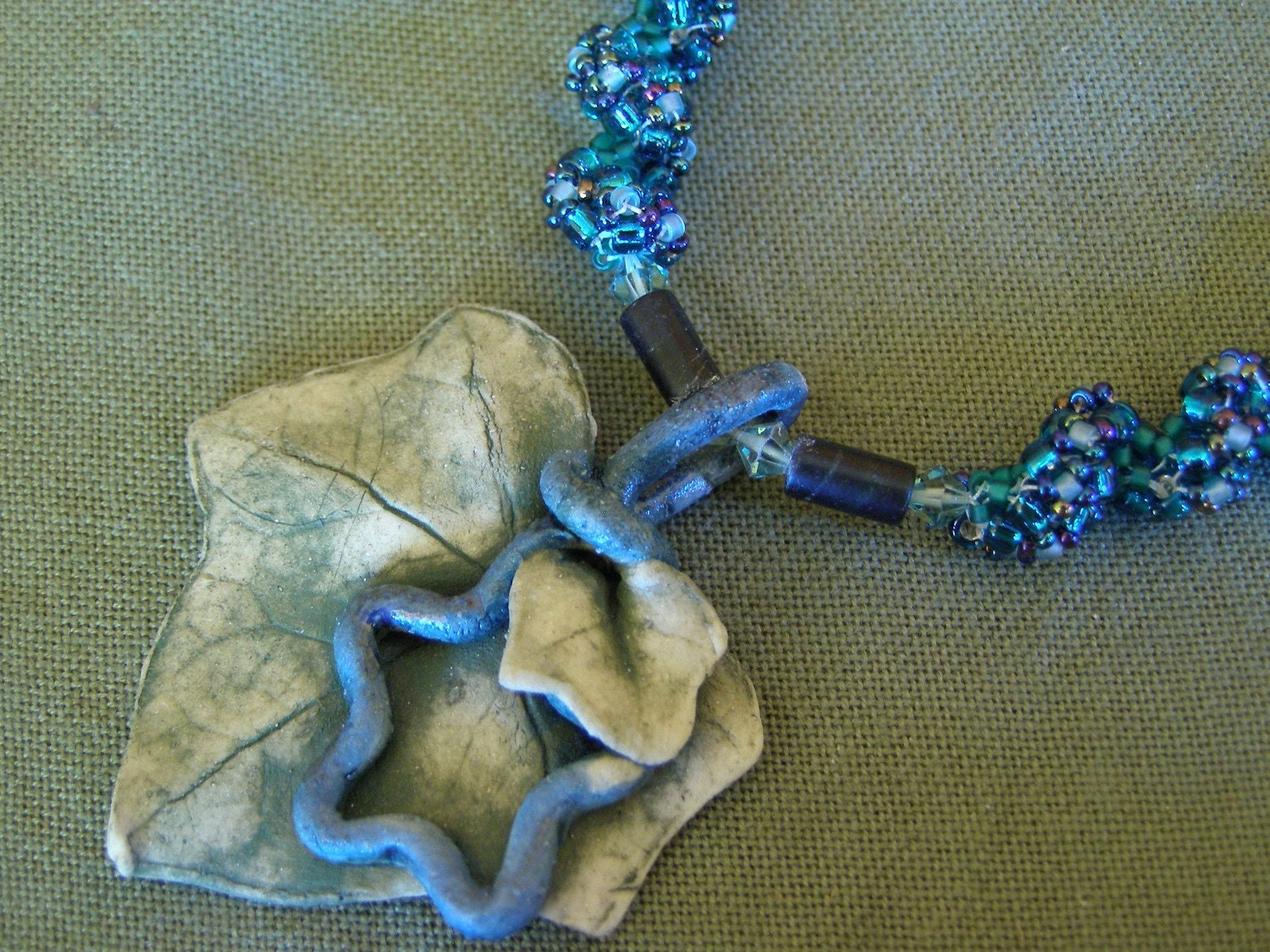 The Ivy Shines Upon a Starry Night - An OOAK Stitched Necklace Created by Jarita