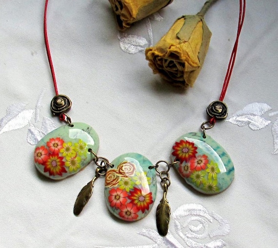 Necklace - Three Big Oval Polymer clay Floral Beads, Red Leather Cord