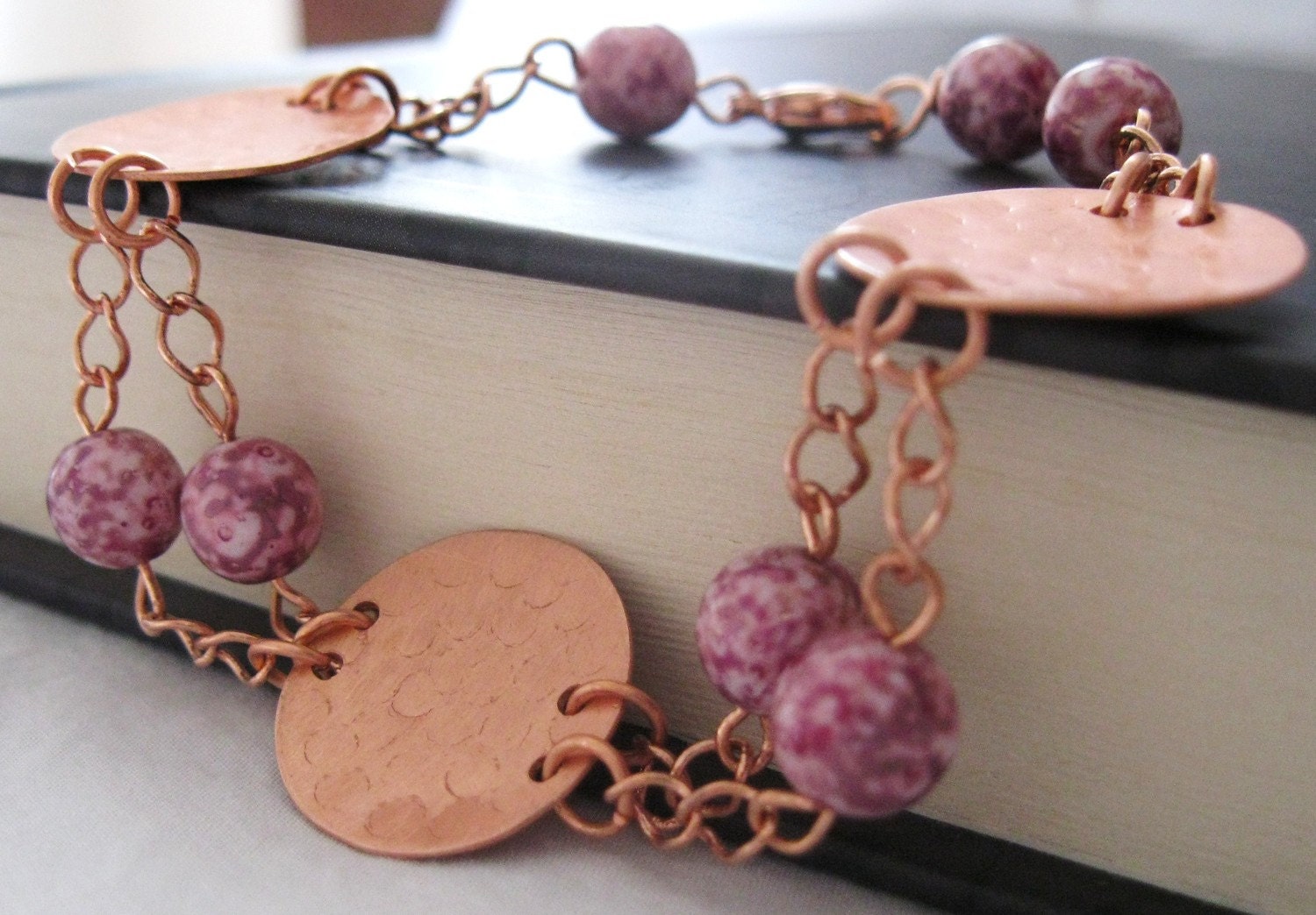 pink czech glass and hammered copper bracelet
