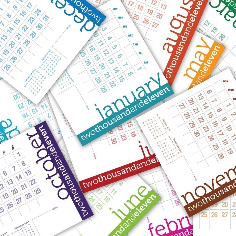 2011 Calendar Monthly. 2011 Typographic Calendar Mini