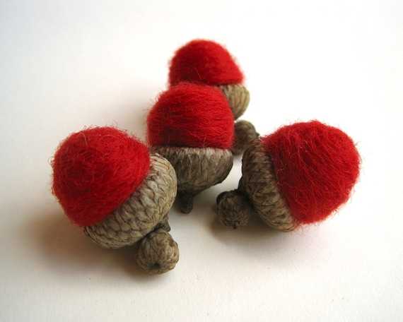 rich red wool acorns set of 12 / natural rustic holiday decor