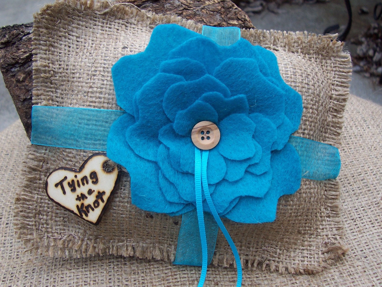 TYING THE KNOT... Rustic Burlap Ring Bearer Pillow with Felt Flower and Personalized Wood Heart