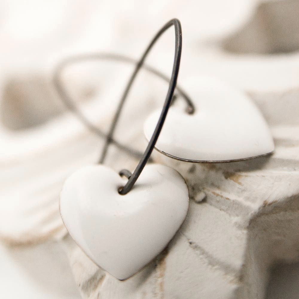 For You Earrings - Enamel silver hearts and sterling silver