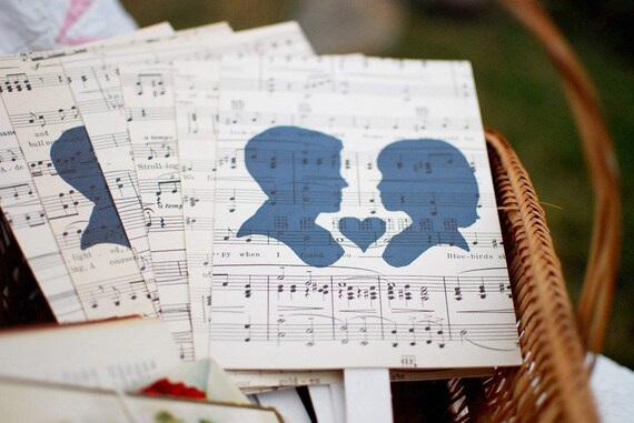 Vintage Silhouette and Sheet Music Wedding Paddles