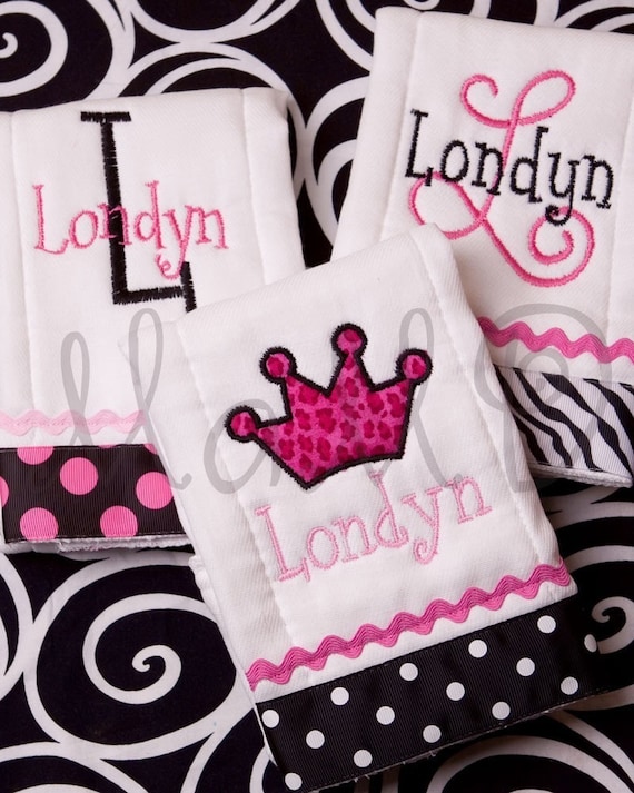 Monogrammed Personalized Embroidered Baby Girl Burp Cloth Animal Print Collection