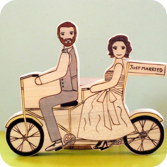 Custom Wooden Star House Wedding Topper on Double Bike with Just Married Banner