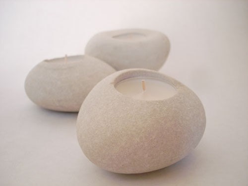 Set of Three Bone-White Limestone Tealight Candle Holders
