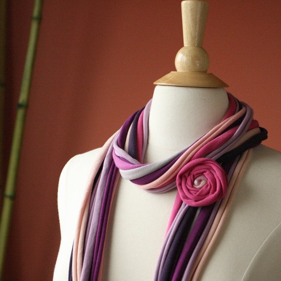 Fabric Scarf Necklace Cowl Accessory with Flower Pin. Pronta Laila. Fuchsia Violet Pink Lavender Plum