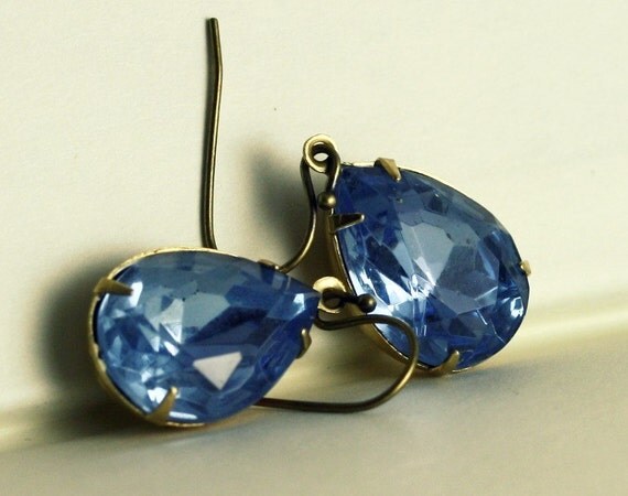 Ice Blue Sparkle Earrings - Vintage Glass, Vintage Brass Setting