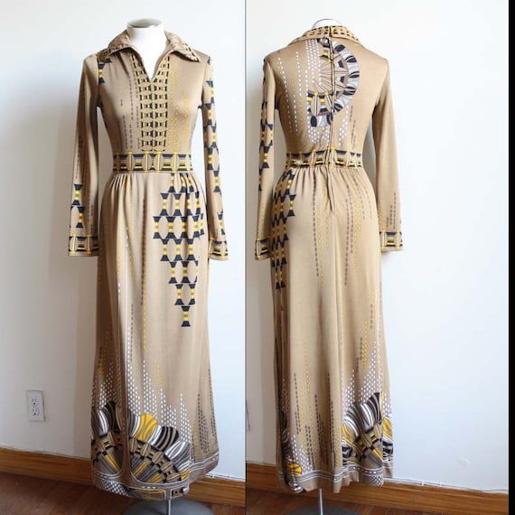 Vintage 70s Paganne Mod Egyptian Tribal Maxi Dress M