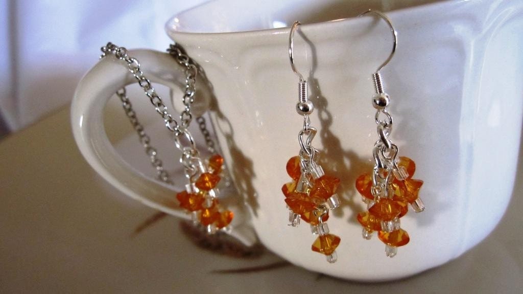 Orange cluster earring and choker set