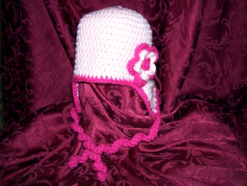 Crocheted Infant Ear Flap Hat Pink with Flower