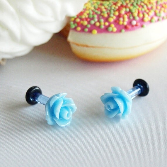 8g 3mm Powder Blue Roses Plugs EGL Piercing guages by glamasaurus : streched 