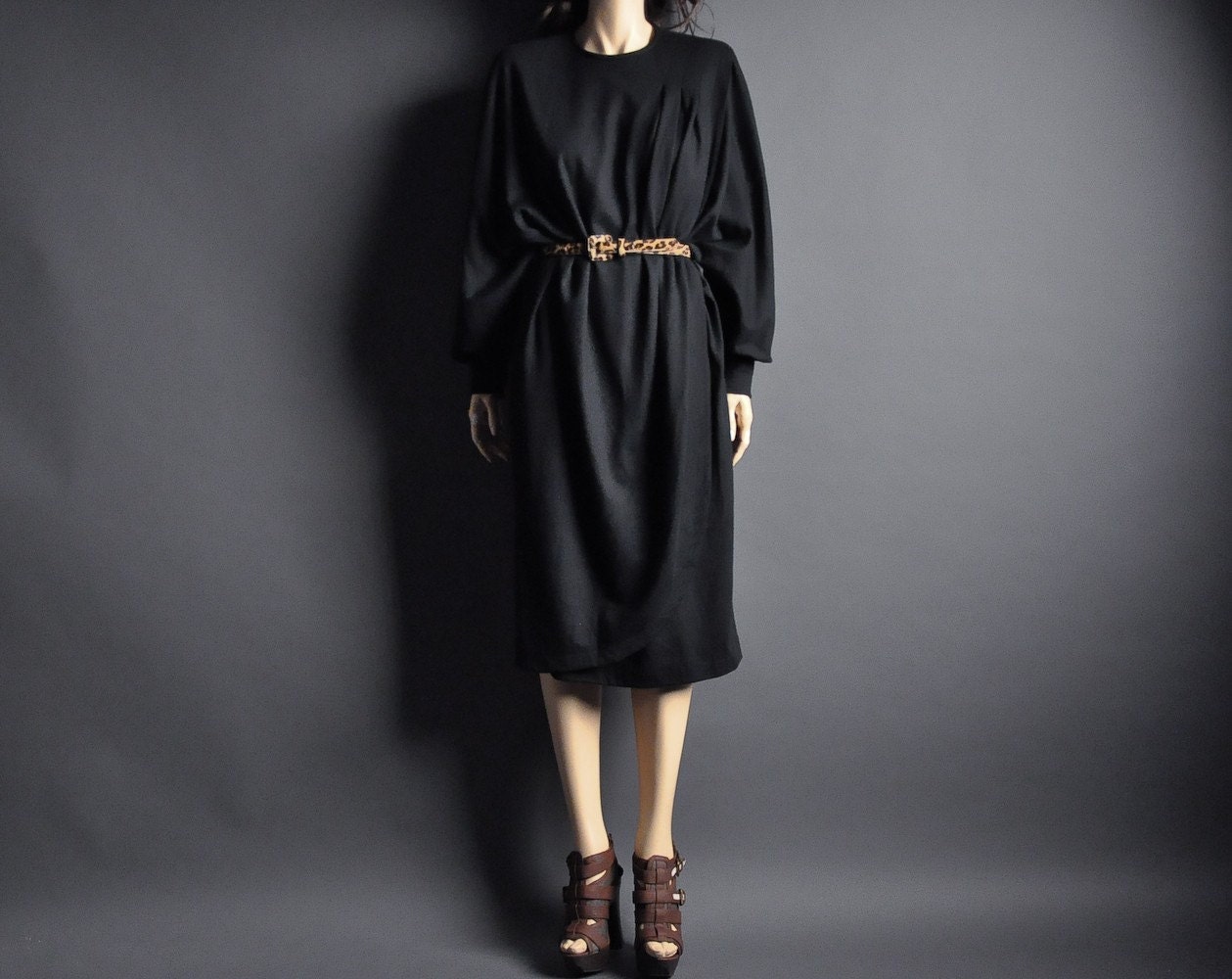 vintage 80s black knit avant garde batwing dress