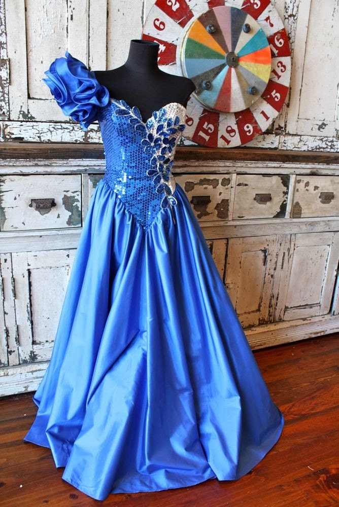 Vintage 1980 Homecoming Queen One Shoulder Blue Sequin Dress