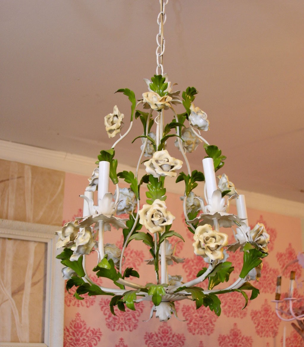 vintage tole rose s huge chandelier shabby chic birdcage white yellow fabulous