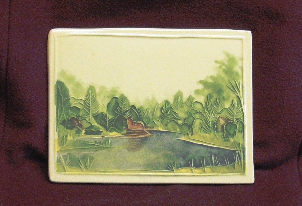 Mystery Lake-Summer tile handmade Original design by Wisconsin ceramic watercolor artist