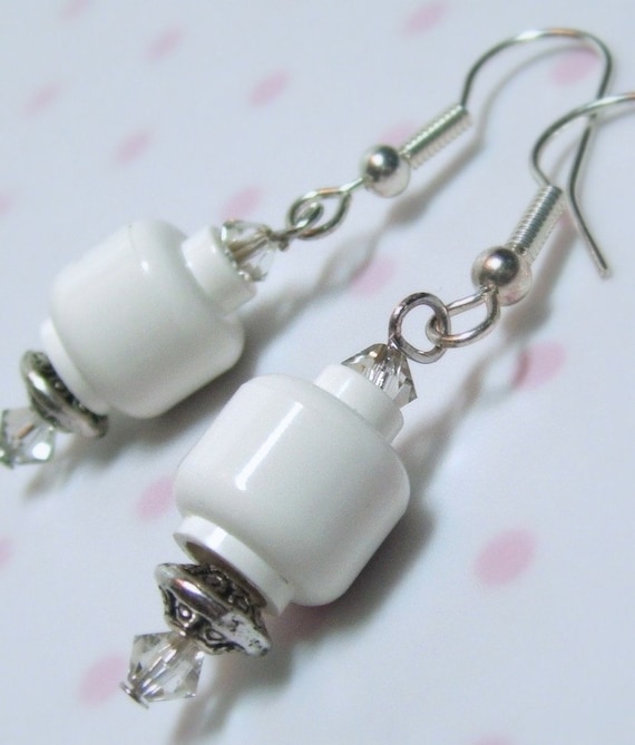 Lego White Blank Head Dangly Earrings with Sparkling Swarovski Crystals - Limited Edition