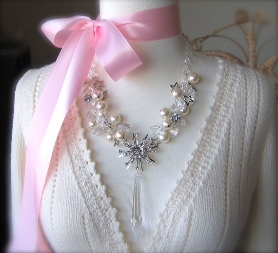 Jack Frost Necklace - A Cool Compilation Of Frosty Vintage Rhinestones And Crystal Ice - Chilly Winter White Pearls And Sparkling Snowflakes - BRRRRR -Baby It's Cold Outside -A Fantasy Statement Piece To Melt Her Heart