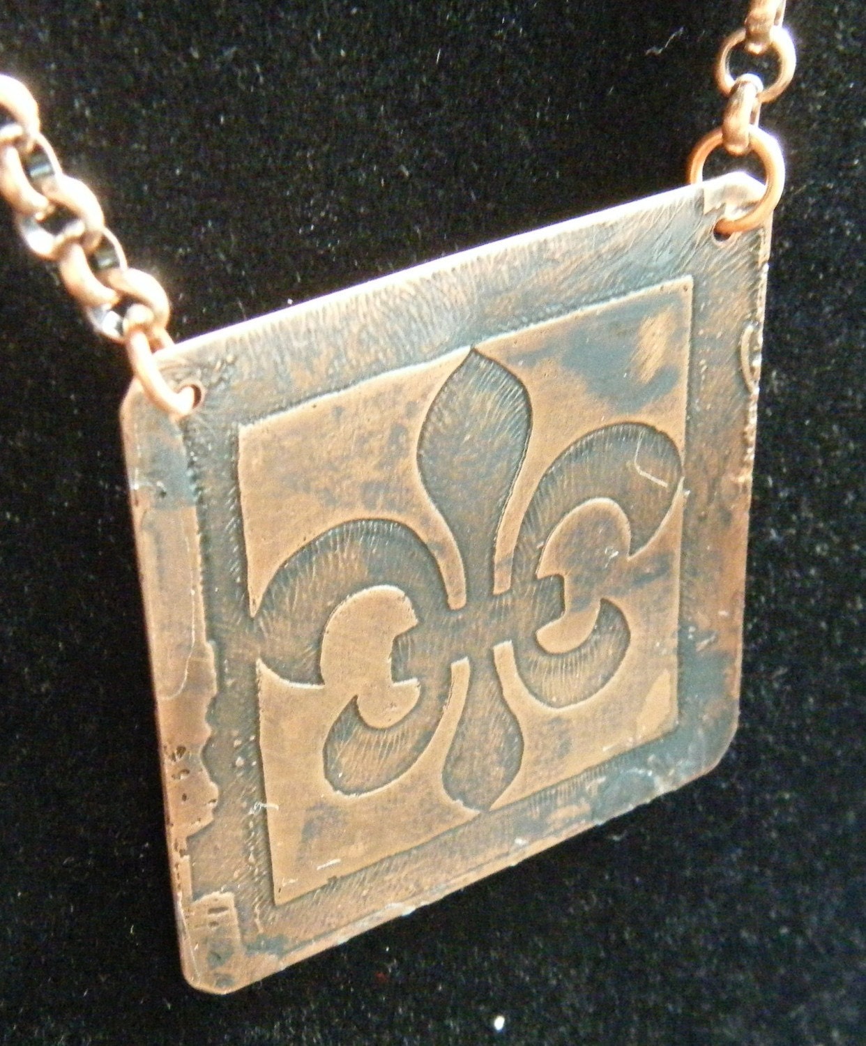Valentines Day SALE Fluer de Lis Etched Pendant with Copper Chain