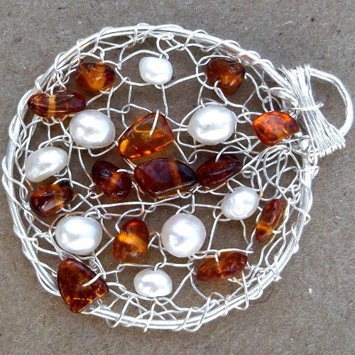 999 Fine Silver Pendant - Amber & Fresh Water Pearls - Free Shipping