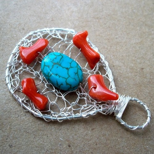 999 Fine Silver Pendant - Coral & Turquoise - Free Shipping