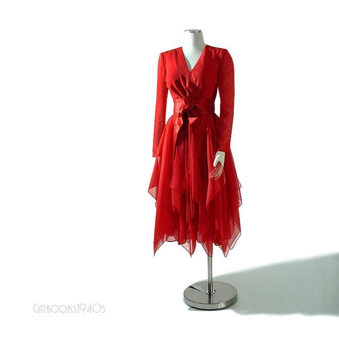 Vintage LUIS ESTEVEZ Flame Red Silk Dress - Dramatic Handkerchief Scarf Skirt XS