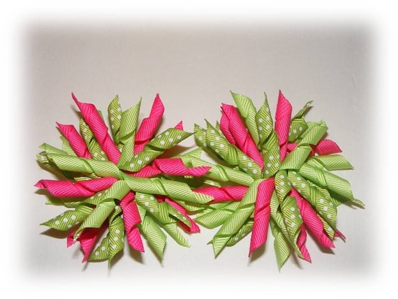 Set of 2 Korker Bows - Green and Hot Pink