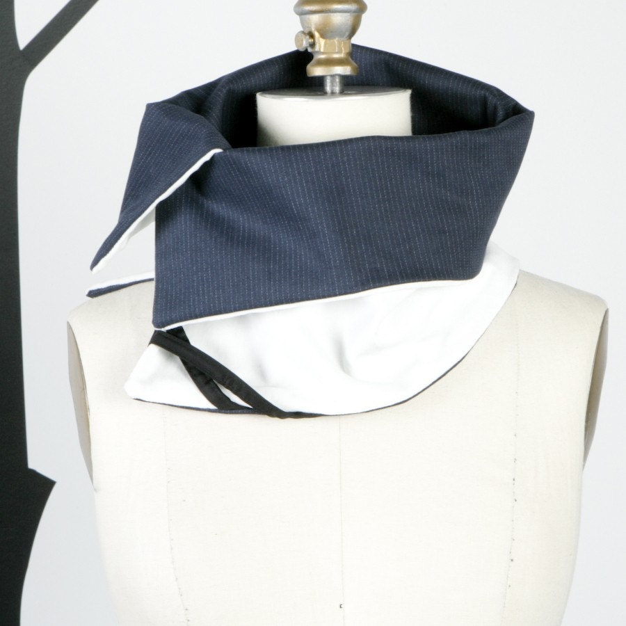 Oversized Structured White and Navy Pinstripe Scarflette Collar Tube  (vegan friendly)