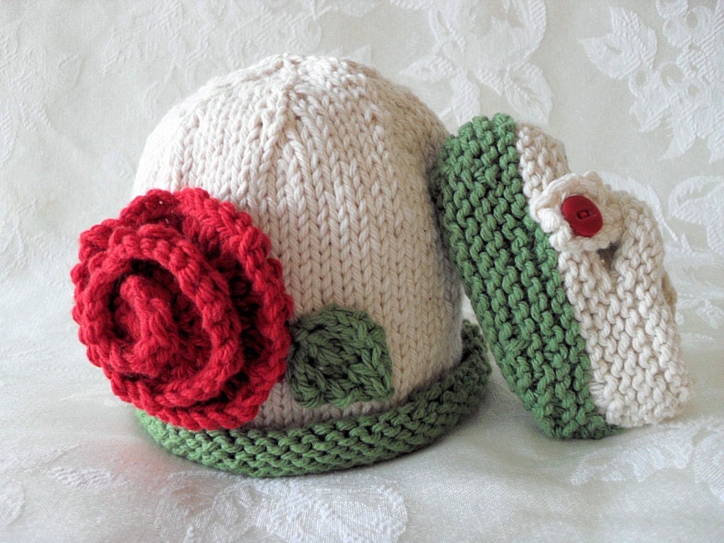 COTTON HAND KNITTED Rose Garden Baby Beanie and Matching  Cross-Strapped Booties
