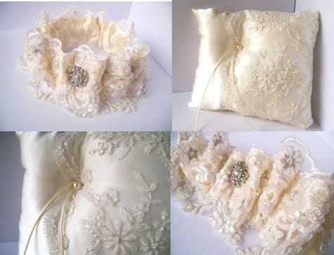 Garter and Ring Pillow Set - Beaded Vintage Style