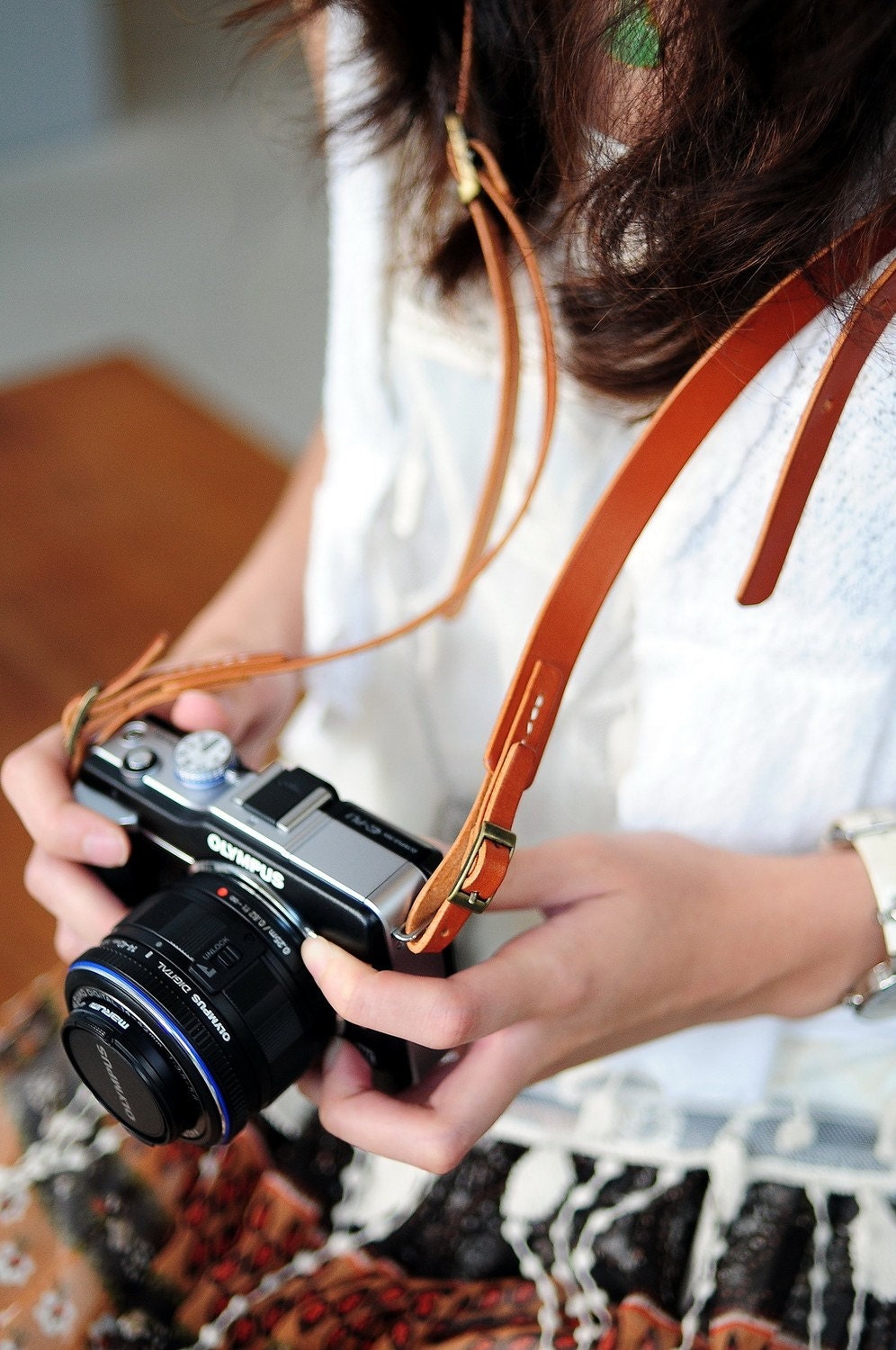 Hand Stitched Light Brown Leather Camera Strap