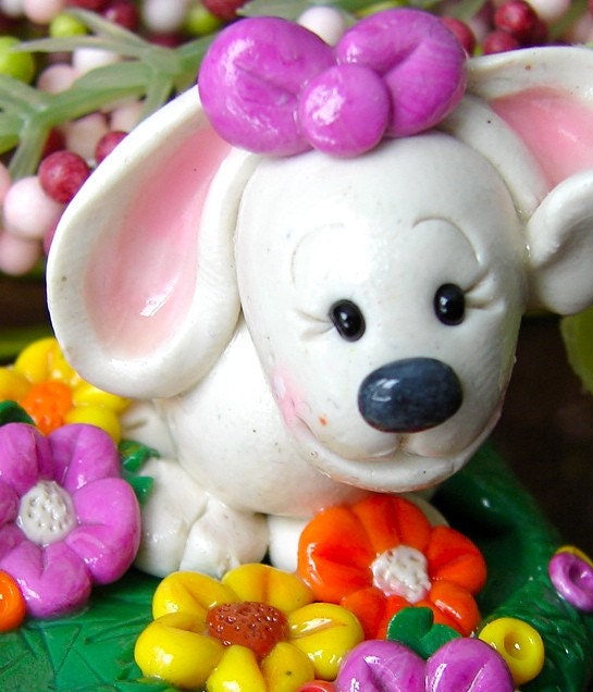 BUNNY RABBIT with FLOWERS Whimsical Polymer Clay Spring Figurine