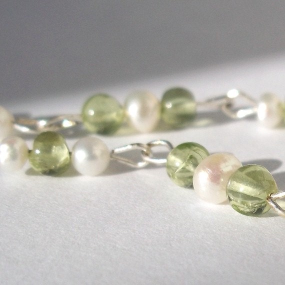 925 Sterling Silver Rosary Earrings - Fresh Water Pearls & Peridot - Free Shipping